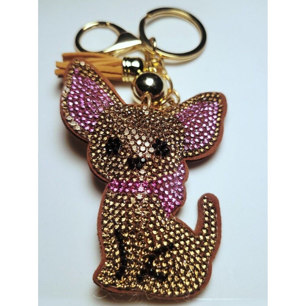 NWT Large Pink Tan Gold Chihuahua Keychain Bag Charm With Tassel Dog Mom Gift
